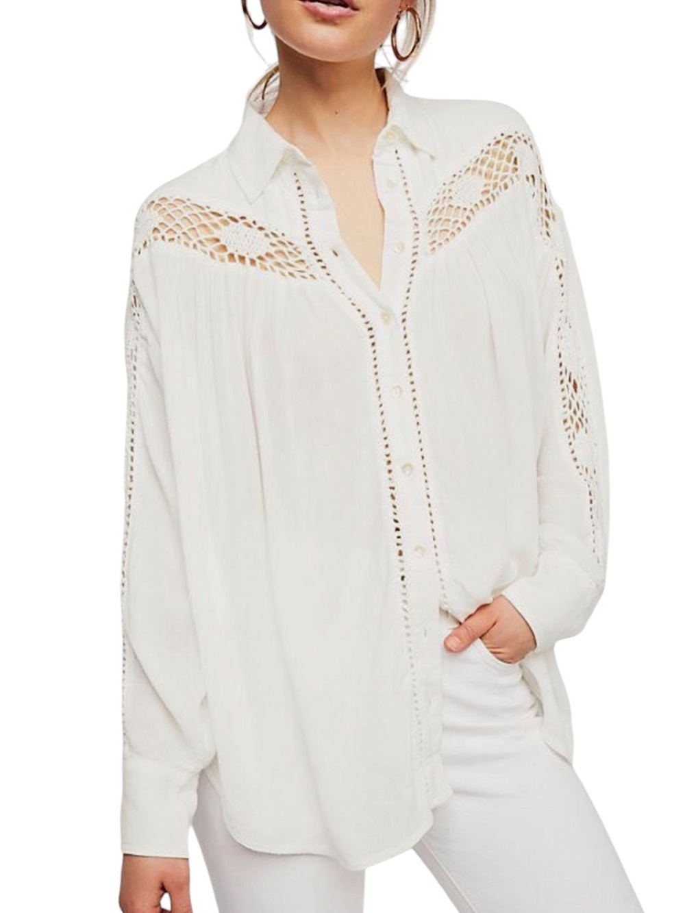 Free People Katie Bird White Crochet Crinkled Tunic Top - L